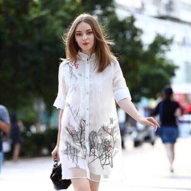 Đầm sơ mi cổ trụ in cảnh