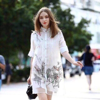 Đầm sơ mi cổ trụ in cảnh