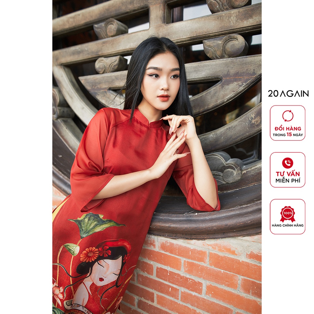 Áo dài cách tân tơ lụa 2 lớp 20AGAIN, in hình giai nhân cầm sáo yêu kiều, màu đỏ tôn da IDC0117