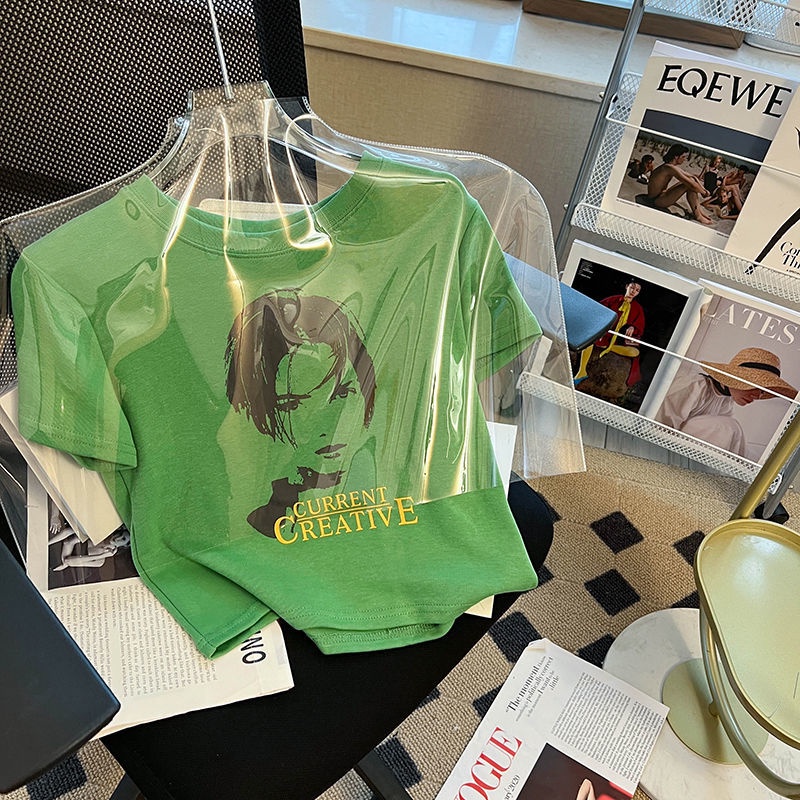 Áo Thun Tay Ngắn Hở Vai In Họa Tiết Màu Xanh Lá Thời Trang Mùa Hè Cho Nữ