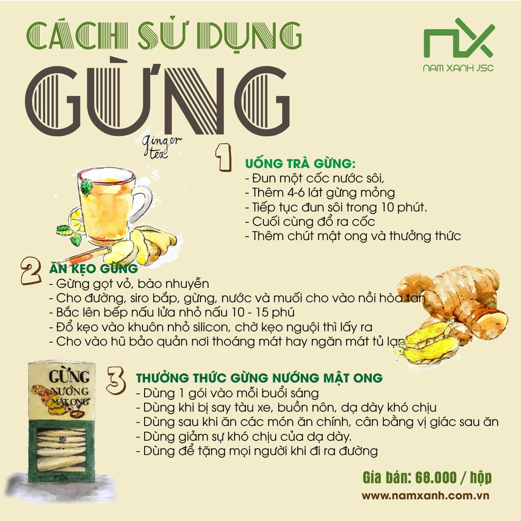 Gừng Nướng Mật Ong Ginger Honey Nam Xanh túi 100