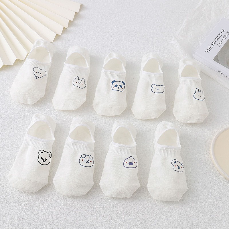 Một Đôi Tất Hài Nữ Cotton Gân Màu Trắng Hình Thú Ngộ Nghĩnh Đệm Gót Silicon Chống Tuột