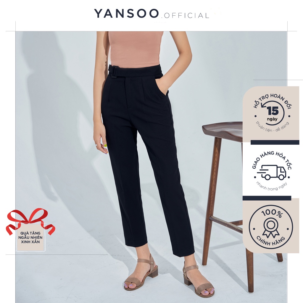 Quần baggy nữ Yansoo lưng cạp cao đai vải vuông cúc lệch đồ công sở đi học form đẹp màu đen ghi Q02