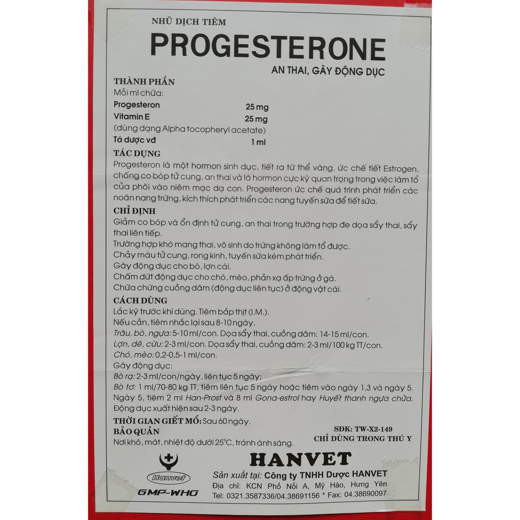 1 ống PROGESTERONE 2ml dùng an th-ai cho chó, mèo, trâu, bò, ngựa, lợn, dê, cừu.