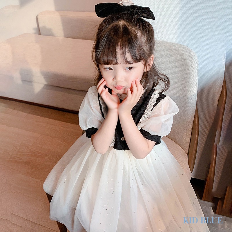 Đầm Công Chúa Cổ Tròn Phối Ren Lưới Phong Cách Phương Tây Thời Trang Mùa Hè Cho Bé Gái