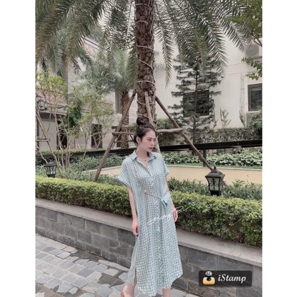 Váy Đầm Sơ Mi kẻ Ngắn Tay Cổ Đức Phối Túi Ngực Vạt Bầu Dáng Suông