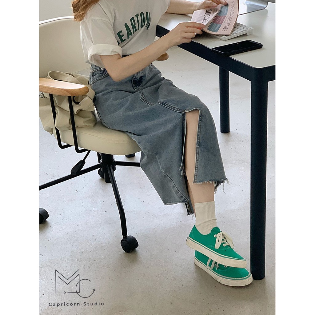 Chân váy Jean dài xẻ vạt lệch cá tính phong cách Ulzzang Hàn Quốc [MinC.Studio - MCCV005] | BigBuy360 - bigbuy360.vn