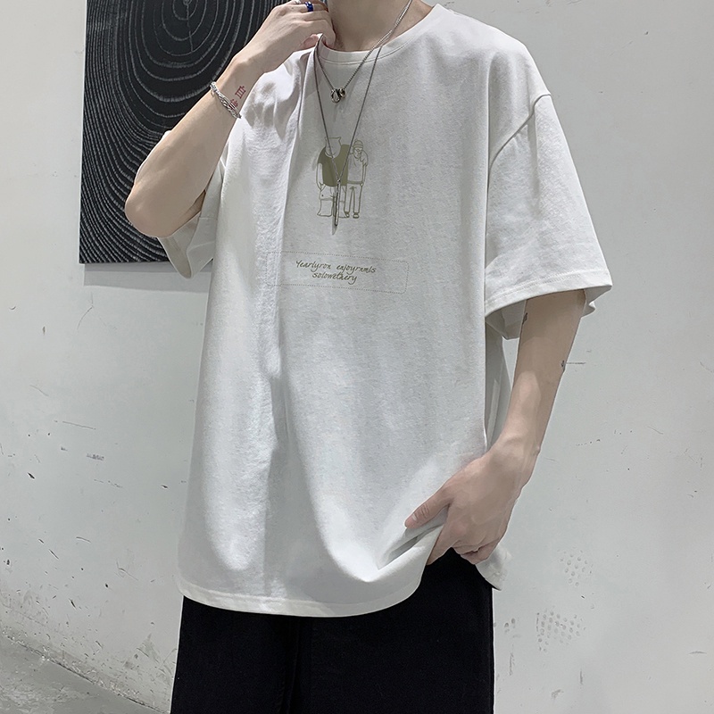 Áo thun cổ tròn tay ngắn in họa tiết hoạt hình phong cách Hàn Quốc dành cho nam