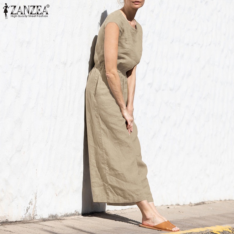 Áo liền quần sát nách Zanzea cổ tròn form rộng chất liệu cotton cho nữ