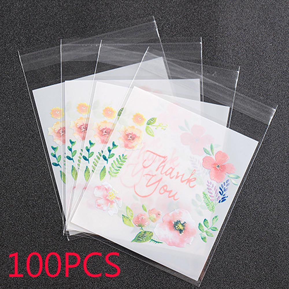 Set 100 túi nhựa họa tiết chữ Thank You phối hình hoa đựng bánh Cookie làm quà tặng độc đáo