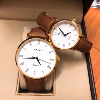MỘT_ĐỔI_ MỘT TRONG 7 NGÀY- Căp đồng hồ đôi nam nữ  Halei dây da nâu kim xanh mặt trắng thanh lịch, sang trọng