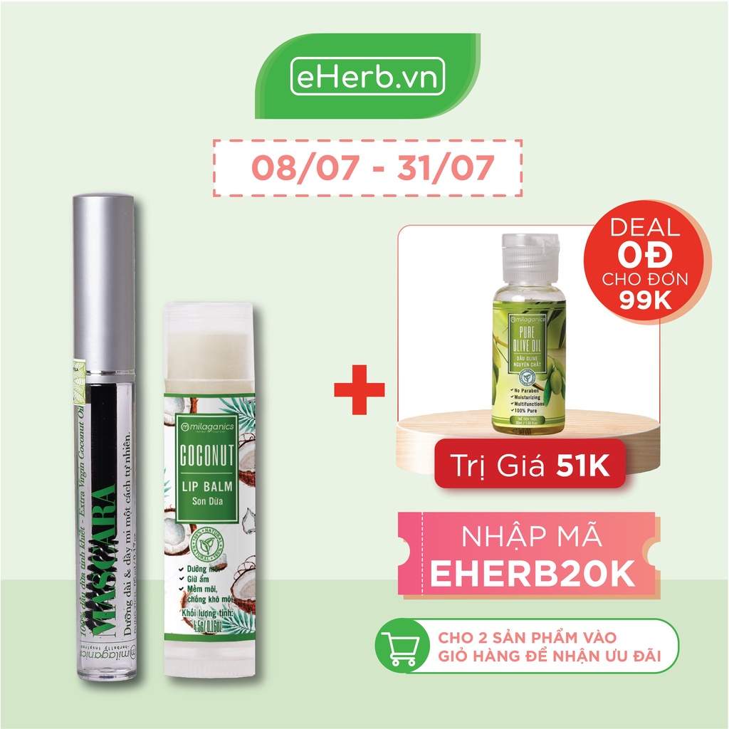 Combo Mascara Dưỡng Dài Mi & Son Dưỡng Môi Từ Dầu Dừa Nguyên Chất MILAGANICS (10ml/ Combo)