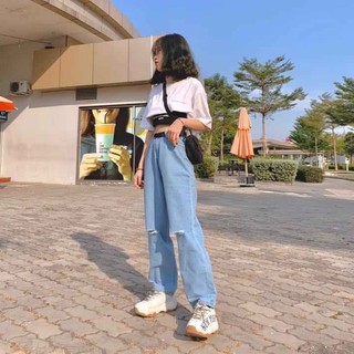 Quần Ống Rộng Rách 2 Gối To, Dài 105cm, Lưng Cao Qua Rốn, Không Giãn