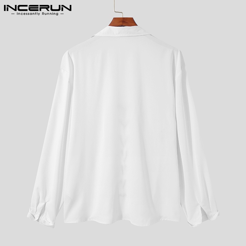 Áo sơ mi INCERUN tay dài màu trắng cổ chữ V thời trang dành cho nam