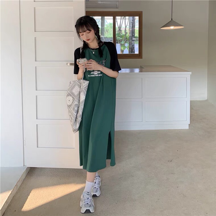 [ MẪU MỚI CHÀO HÈ ] Váy xanh raplan xẻ tà OHE Chất cotton chân cua đẹp Form thụng dáng dài