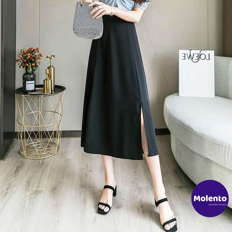 Chân váy xẻ tà Molento chân váy chữ a dài qua gối xẻ trước cá tính phong cách Hàn Quốc hai màu trắng, đen - M25 | BigBuy360 - bigbuy360.vn