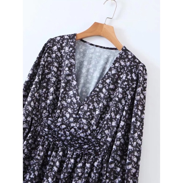 Zara Morocco full tag - đầm Zara hoa nhí màu tối mặc gầy cực kì