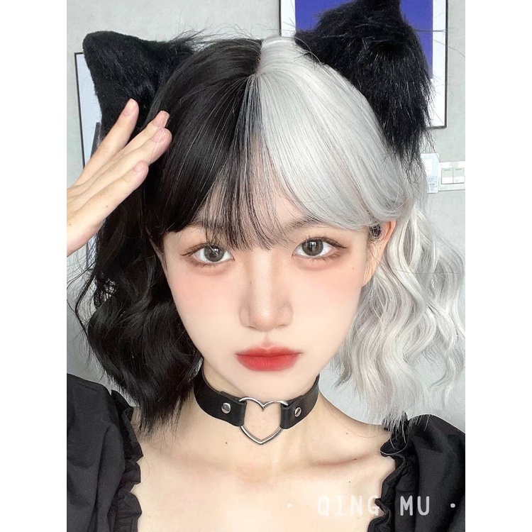 Tóc Giả Nửa Đầu Màu Trắng Đen Hóa Trang Cruella N5Q9