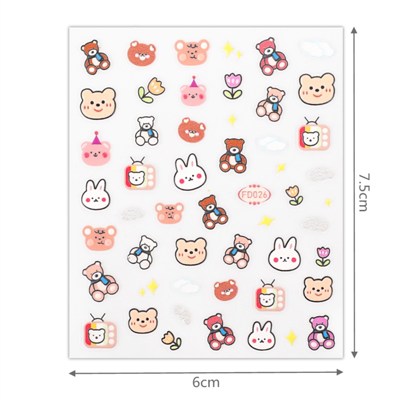 1 Tấm Hình Dán Móng Tay In Hình Gấu Hoạt Hình 5D Dễ Thương Chống Nước Tự Dính DIY