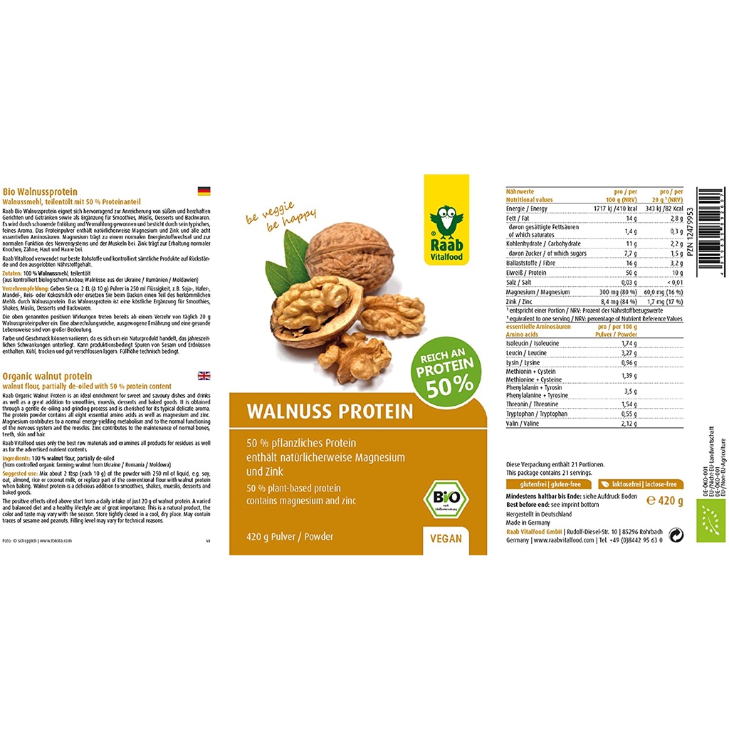 Bột protein hạt óc chó hữu cơ, 45% protein 110g - Raab