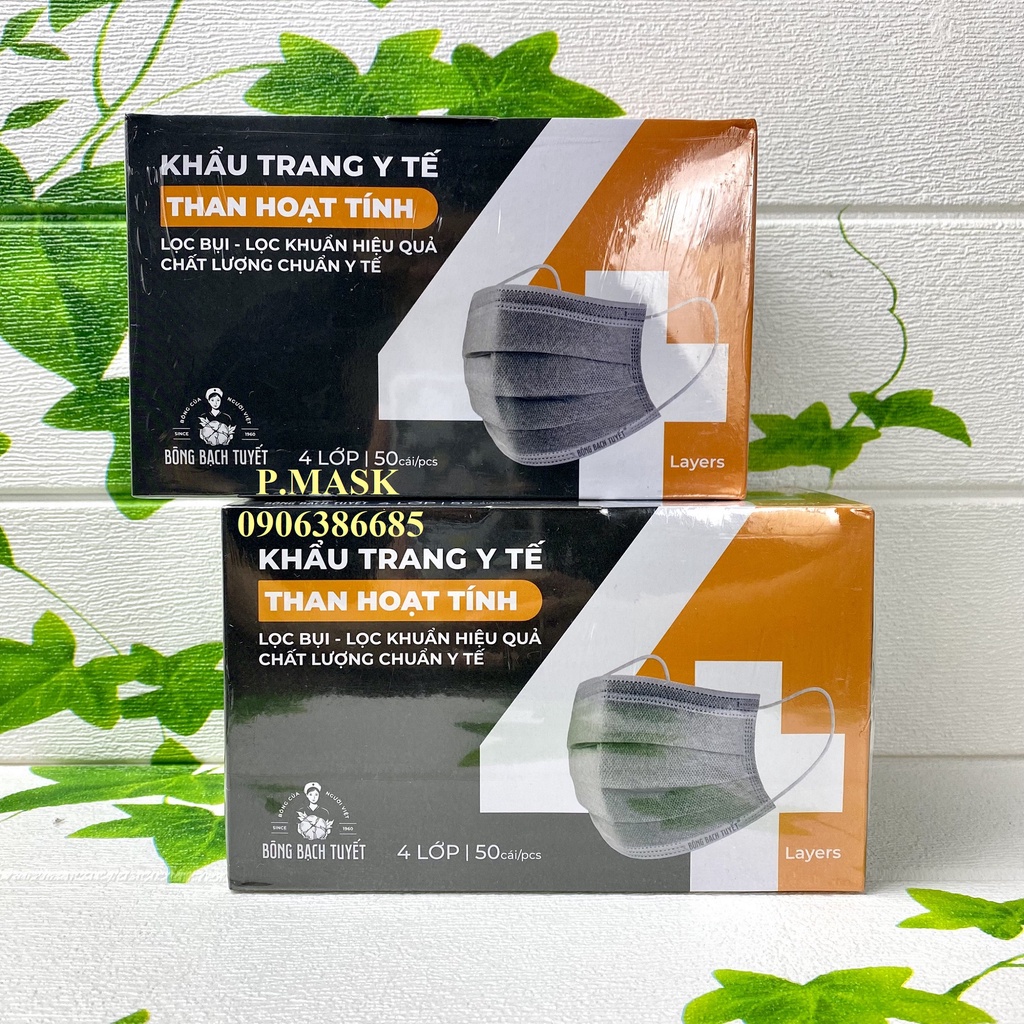 Khẩu trang THAN HOẠT TÍNH 4 lớp BẠCH TUYẾT mới 50 cái / hộp chính hãng Bông Bạch Tuyết