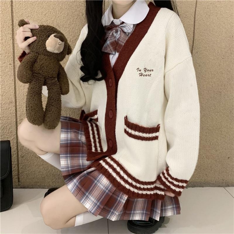Áo Khoác Cardigan Dệt Kim Tay Dài Dáng Rộng Kẻ Sọc Phối Nút Dễ Thương Cho Nữ