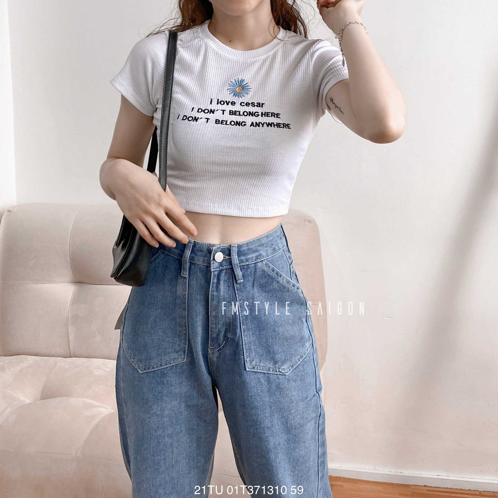 [Mã FAMAYWA2 giảm 10K đơn 50K] Áo thun tay ngắn thêu hoa cúc crop ulzzang Fmstyle Saigon 21TU01T371310