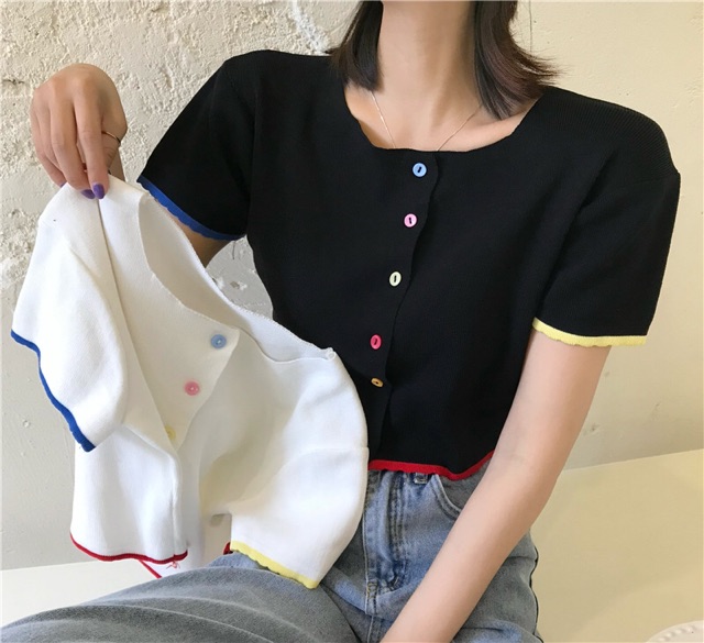 [Mã WASTUP giảm 10% tối đa 30K đơn 99K] Áo thun giấy croptop Ulzzang cúc nhiều màu phối viền | BigBuy360 - bigbuy360.vn