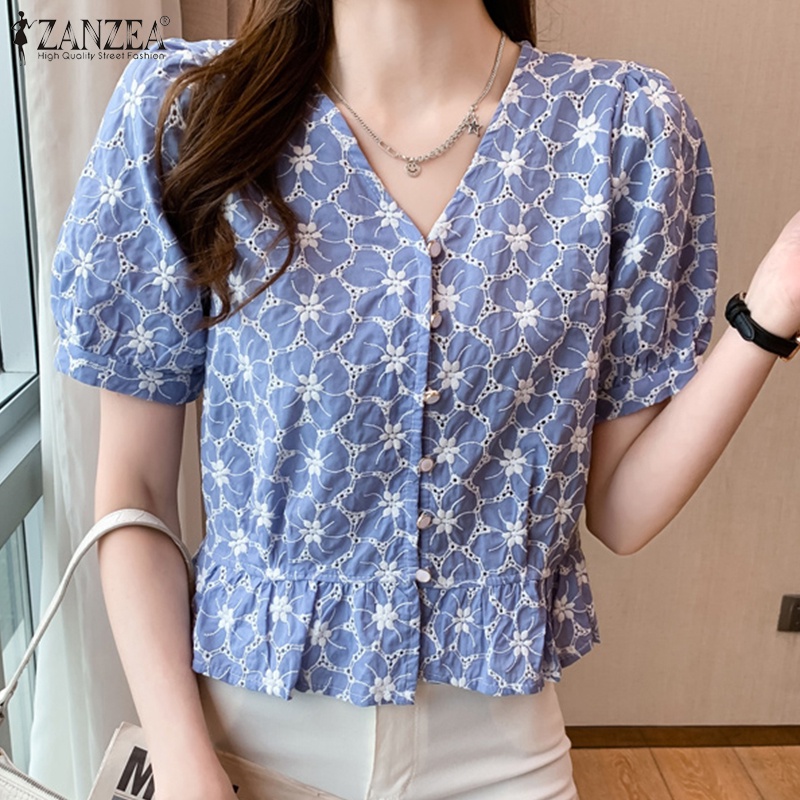 Áo nữ ZANZEA ngắn tay cổ chữ V họa tiết thêu thời trang