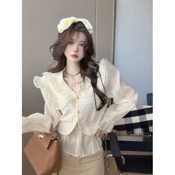 Áo sơ mi voan tay bồng phối gi-le len