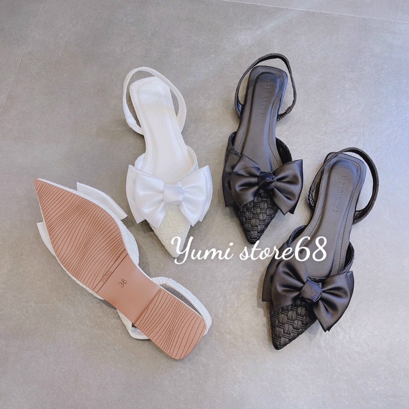 Giày sục sandan mũi nhọn Nơ đế bệt xinh xắn chất xịn cho các nàng nhà Yumi.