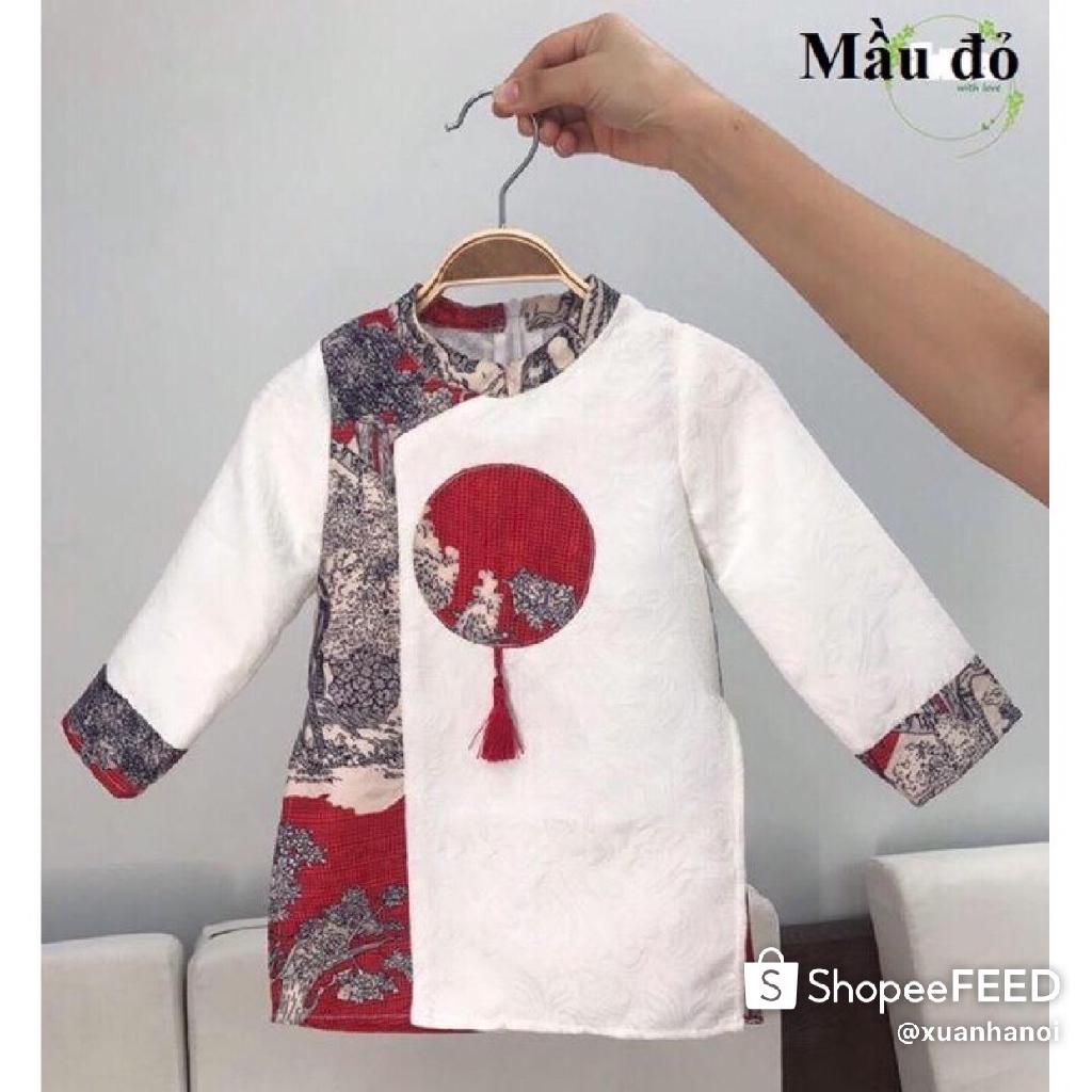 Áo dài cách tân cho bé trai ❤️Họa tiết thêu quả Chuông❤️ vải Gấm vân loại đẹp