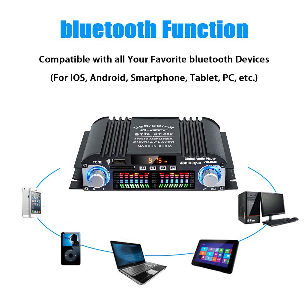 12V/220V 800W Bộ Khuếch Đại Âm Thanh HiFi bluetooth 4 Kênh Cho Xe Hơi + Bộ Phụ Kiện Đi Kèm Loa ô tô