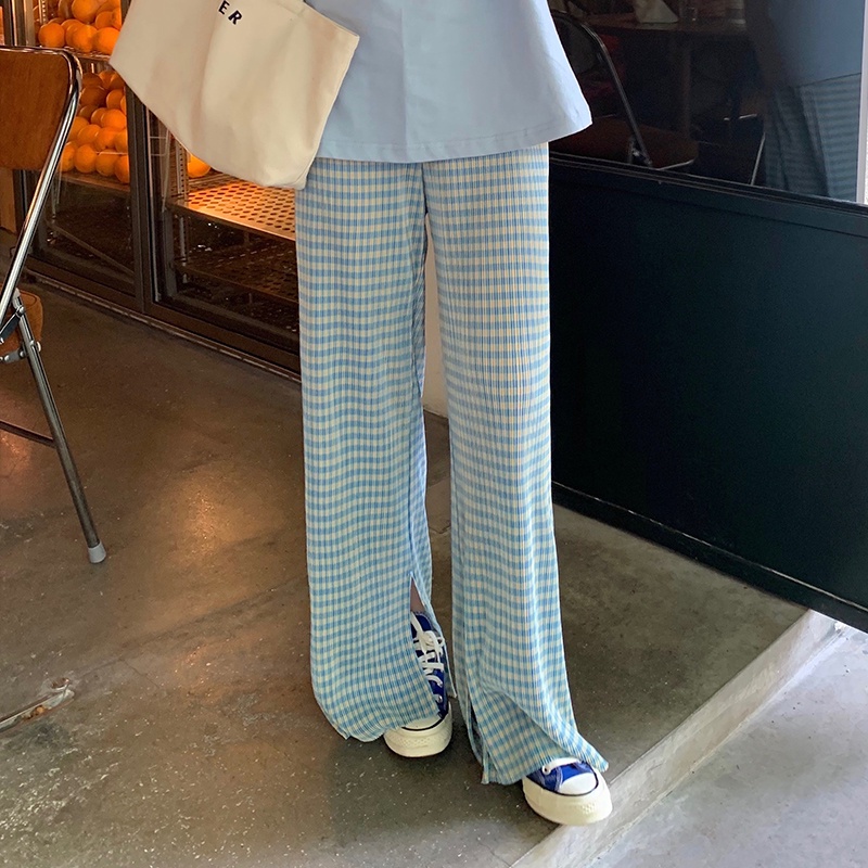 Quần Dài Lưng Cao Ống Rộng Thiết Kế Xẻ Tà Họa Tiết Sọc Caro Thời Trang