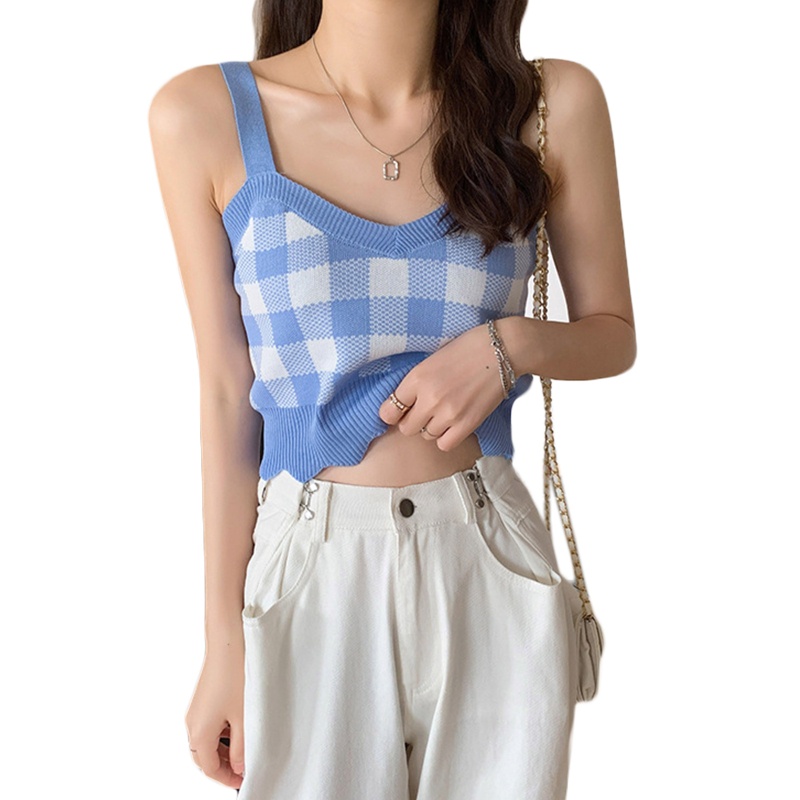 Áo Croptop Dệt Kim Sát Nách Cổ Chữ V Hở Lưng Họa Tiết Kẻ Sọc Lượn Sóng Màu Sắc Tương Phản Thời Trang Mùa Hè Quyến Rũ Cho Nữ