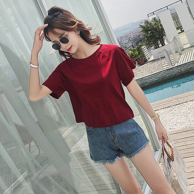 Áo Thun Lửng Cổ Yếm Cột Dây Lưng Cao Dáng Rộng Xẻ Tà Kiểu Hàn Quốc Thời Trang