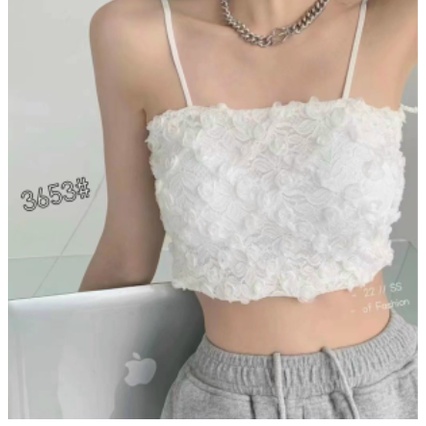 Áo bra ren 2 dây dáng croptop ren hoa hồng 3D nổi cực xinh