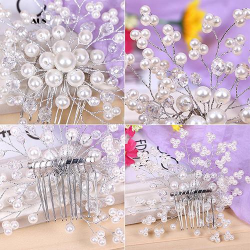 ♔Lược Cài Tóc Hình Hoa Đính Ngọc Trai Giả Cho Cô Dâu