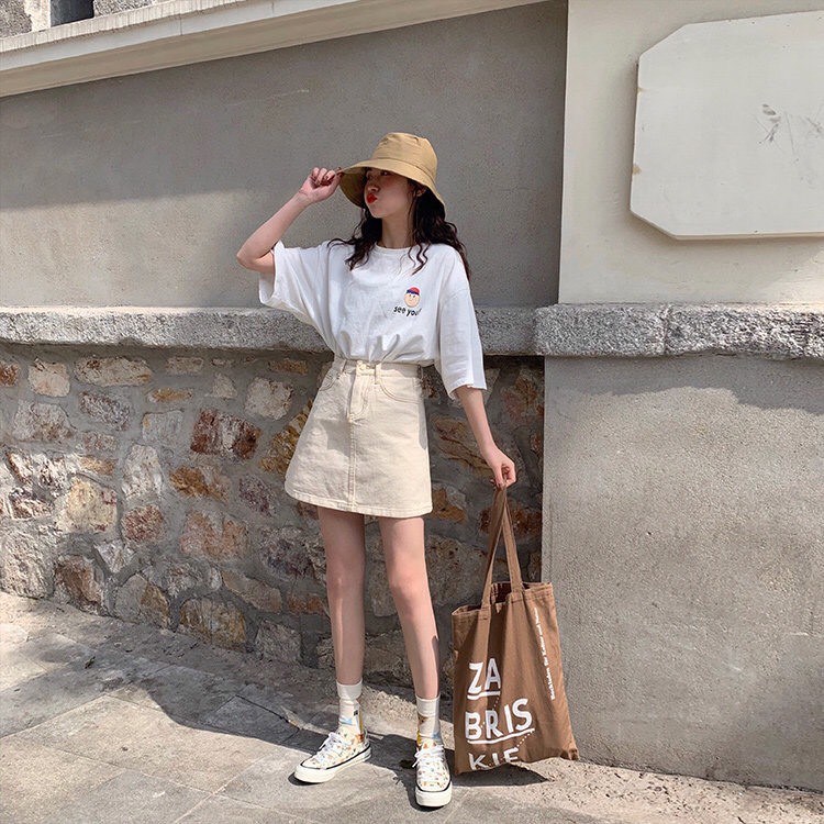 Chân Váy Cạp Cao Chữ A Màu Be Mới Nhất_V30