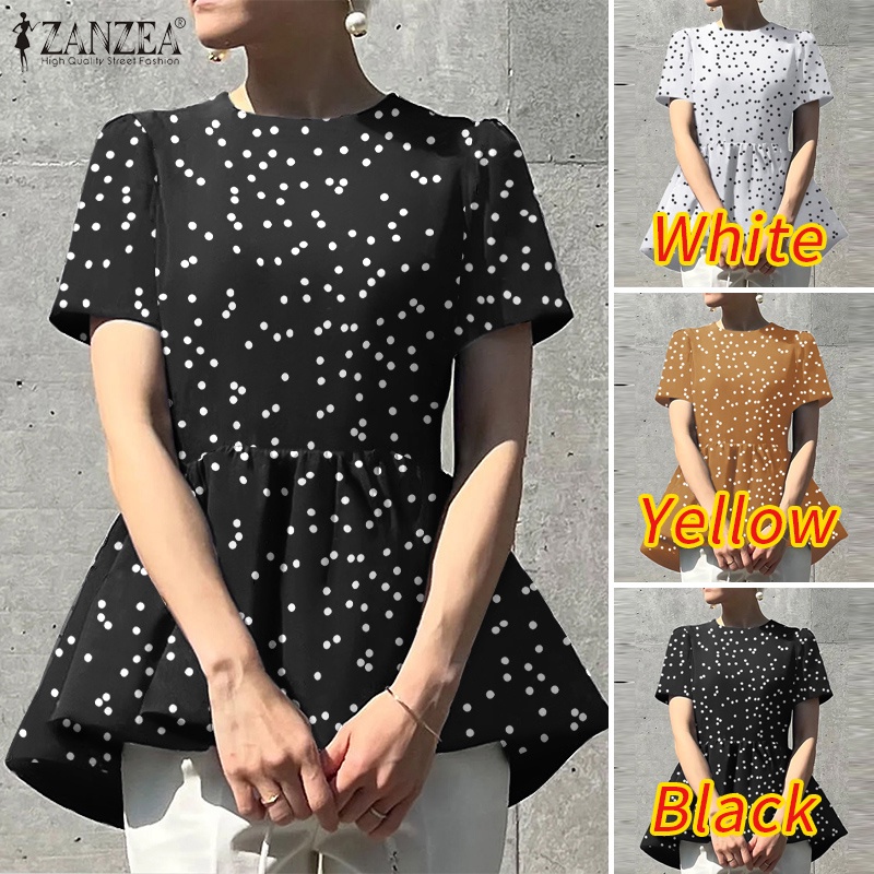 Zanzea Áo Nữ Tay Ngắn Cổ Tròn Họa Tiết Chấm Bi Phong Cách Châu Âu Thanh Lịch