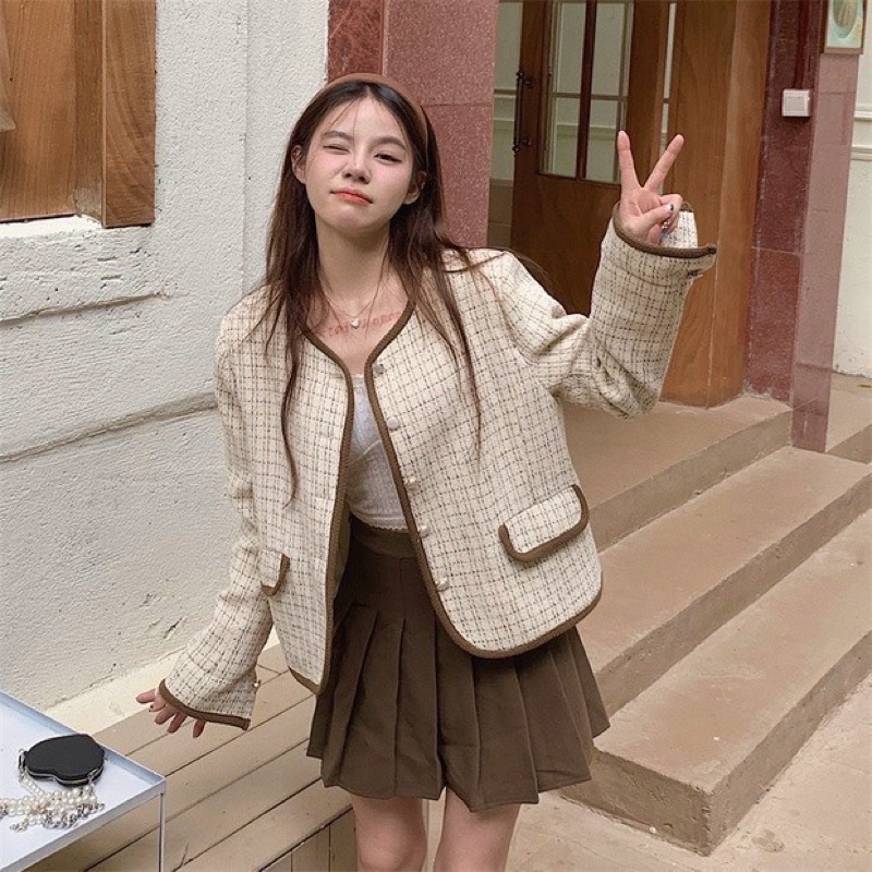 Sét dạ nữ phối viền cúc ngọc + chân váy xếp ly kèm ảnh thật - hàng có sẵn