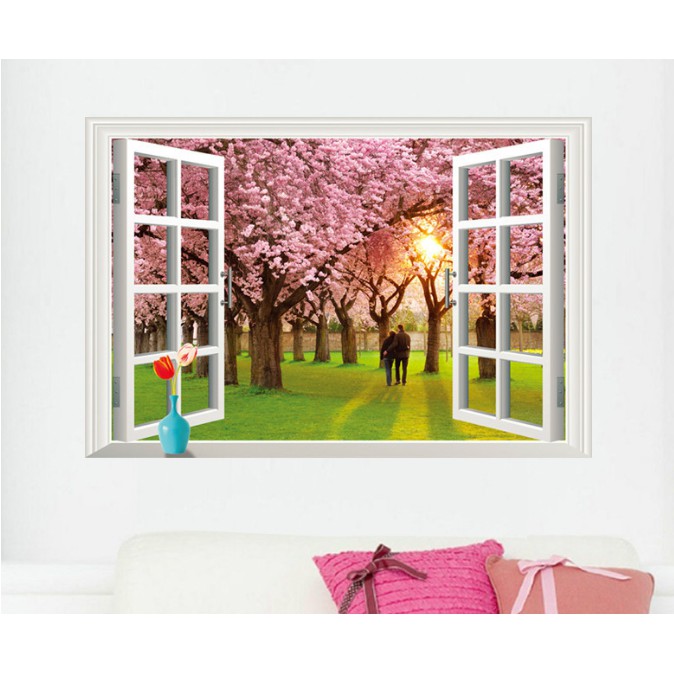 Decal trang trí cửa sổ 3D hoa đào và đôi tình nhân ( Kèm Video thật )