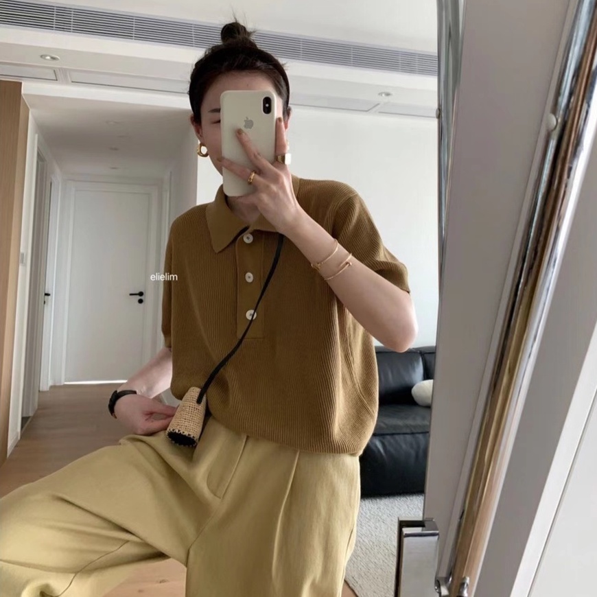 [Hana And Alice] Áo Thun polo Dệt Kim Lụa Lạnh Mỏng Nhẹ Tay Ngắn Màu Xanh Sữa Mềm Mại Phong Cách Hàn Quốc Thời Trang Mùa