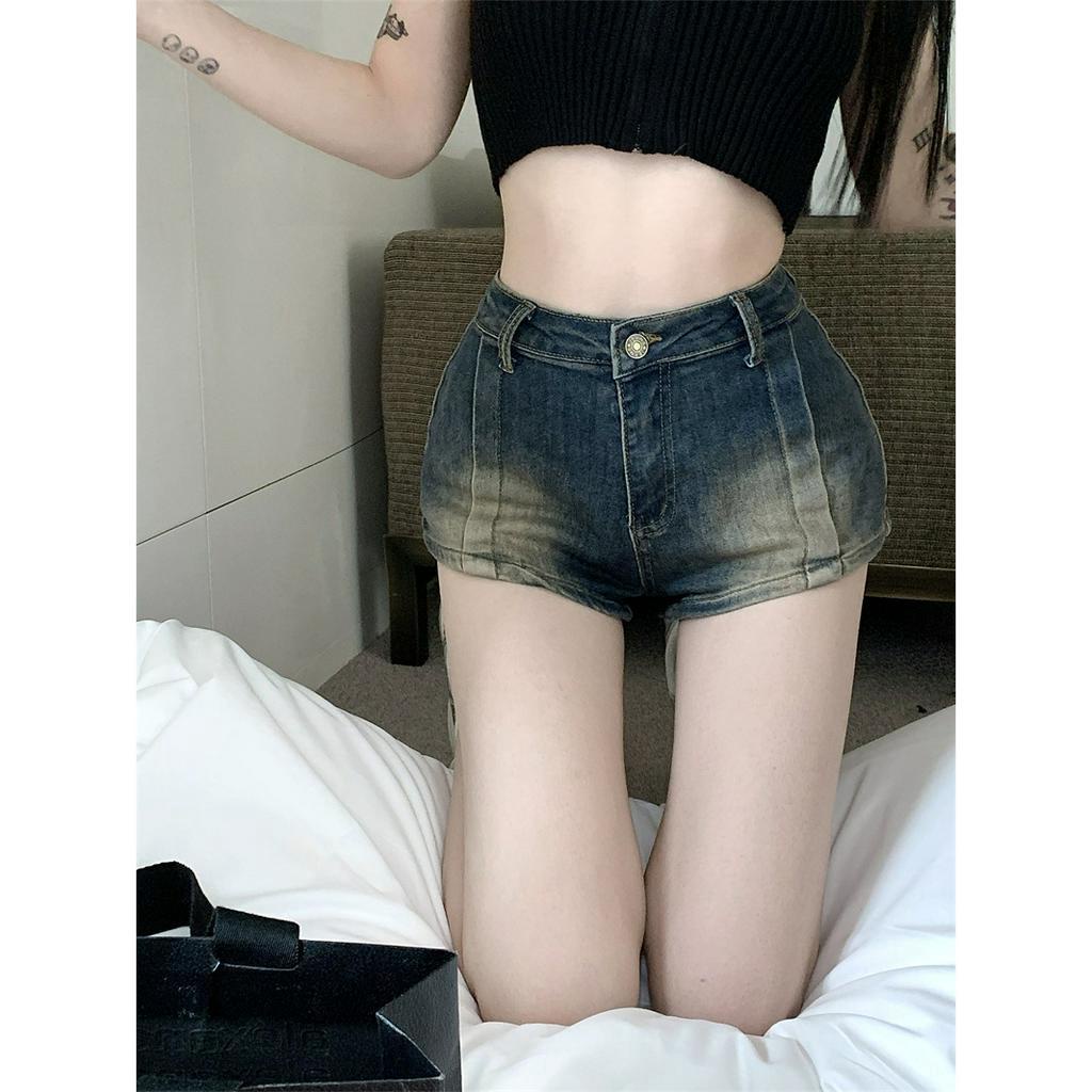 Ethelgirl Quần Short Denim Lưng Cao Co Giãn Phong Cách Vintage Đường Phố Mỹ Cho Nữ