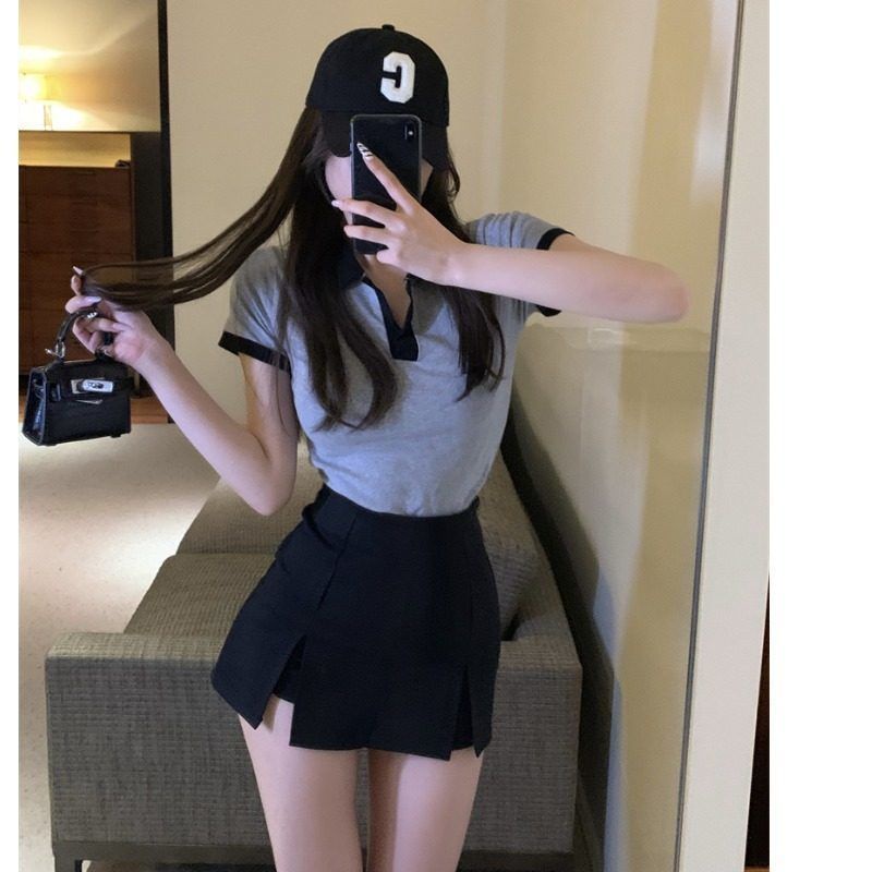 Jiashucheng Set Áo Thun Ngắn Tay Cổ Chữ v + Chân Váy Xẻ Tà Màu Sắc Tương Phản Thời Trang Mùa Hè Cho Nữ