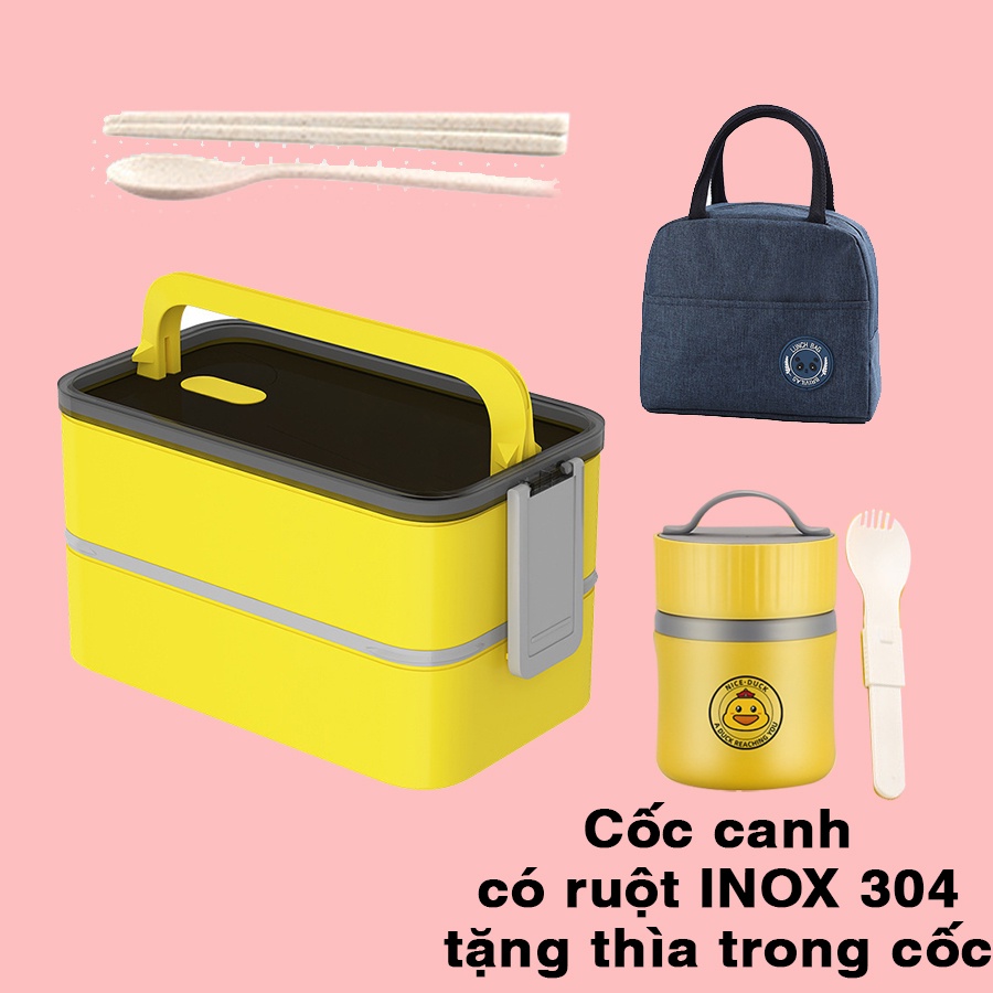 Hộp Cơm Giữ Nhiệt Nhựa PP 2 Tầng Ruột Thép 304 và Cốc Canh Ruột INOX