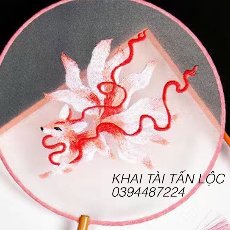 Quạt tròn cổ trang thêu hồ ly đỏ 2 mặt