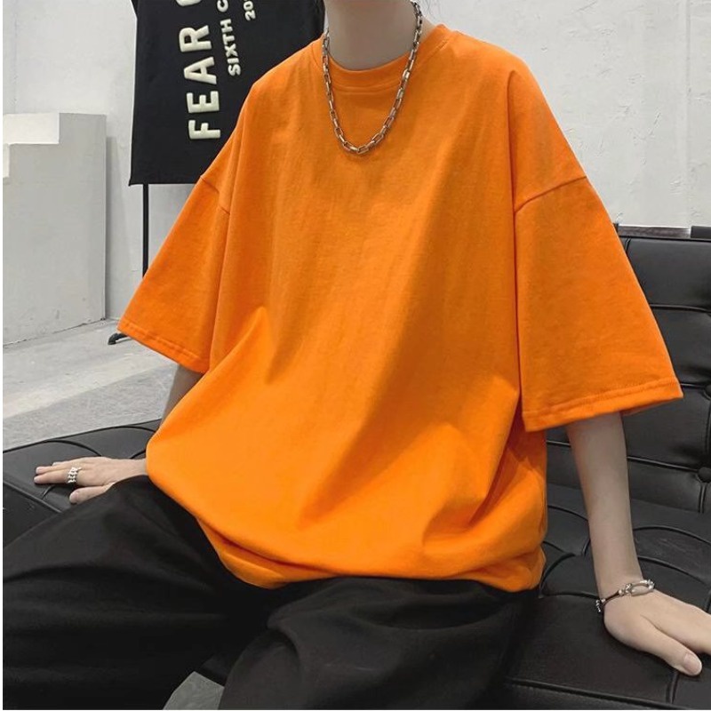 Áo Thun Unisex Tay Lửng Cổ Tròn Dáng Rộng Màu Trơn 7 Màu Sắc Đơn Giản Phong Cách Hàn Quốc Kích Thước 5XL
