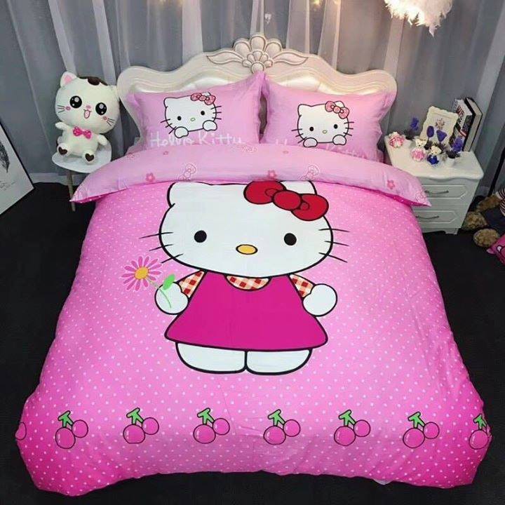 BỘ CHĂN GA COTTON HỌA TIẾT MÈO KITTY DỄ THƯƠNG