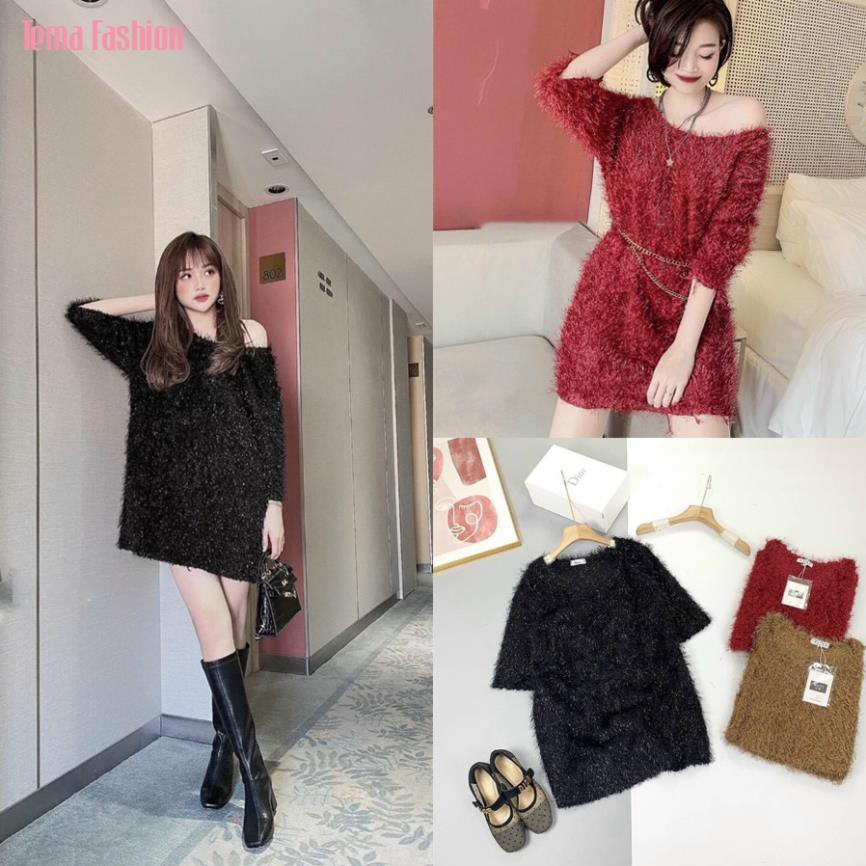 [Mã WARUN27 giảm 12k đơn 99k] Váy Lông Nữ Cổ Tròn TEMA - Váy Nữ Tay Dài Lông Tua Rua Kèm Belt Siêu